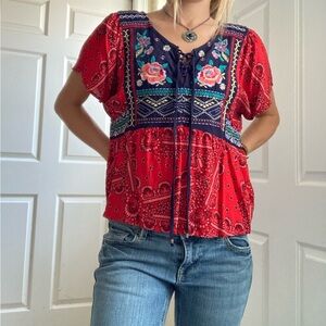 Bohemian embroidered babydoll flutter sleeve paisley top